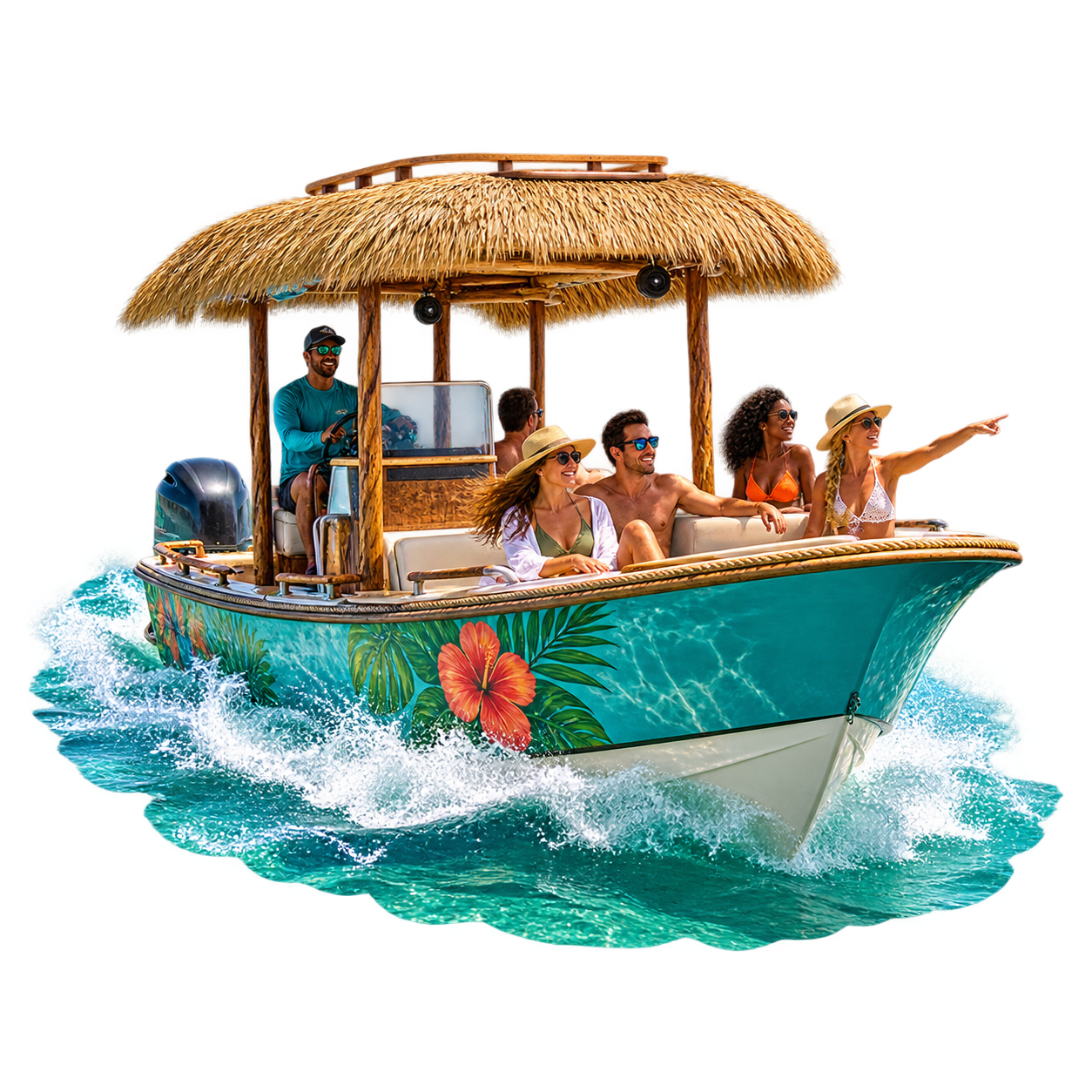 Group of friends on the tiki boat