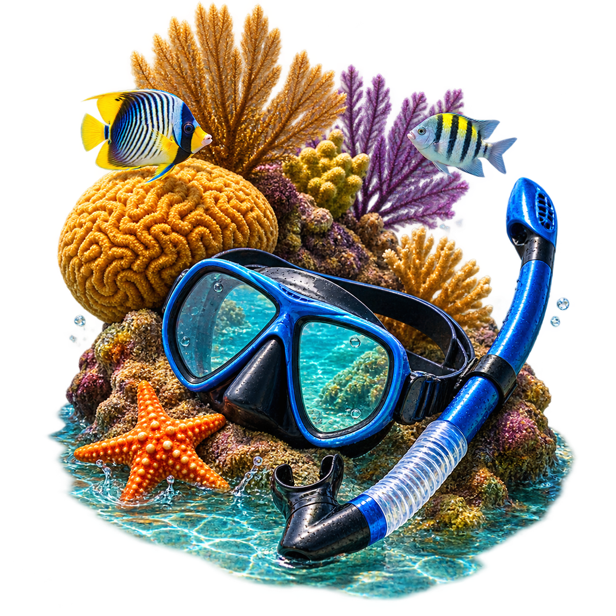 Reef snorkeling gear and coral